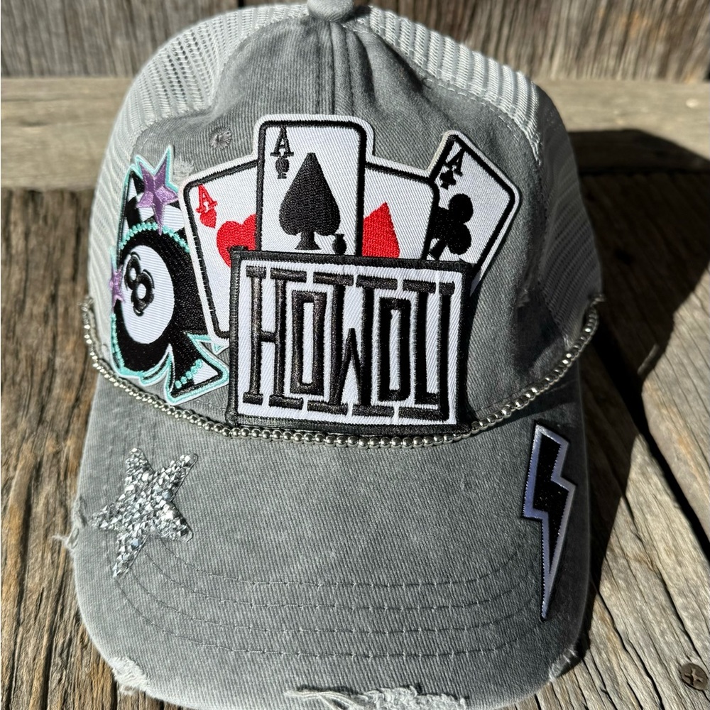 Gray Howdy Playing Cards 8 Ball Cowboy Cowgirl Western Iron on Patch Trucker Hat